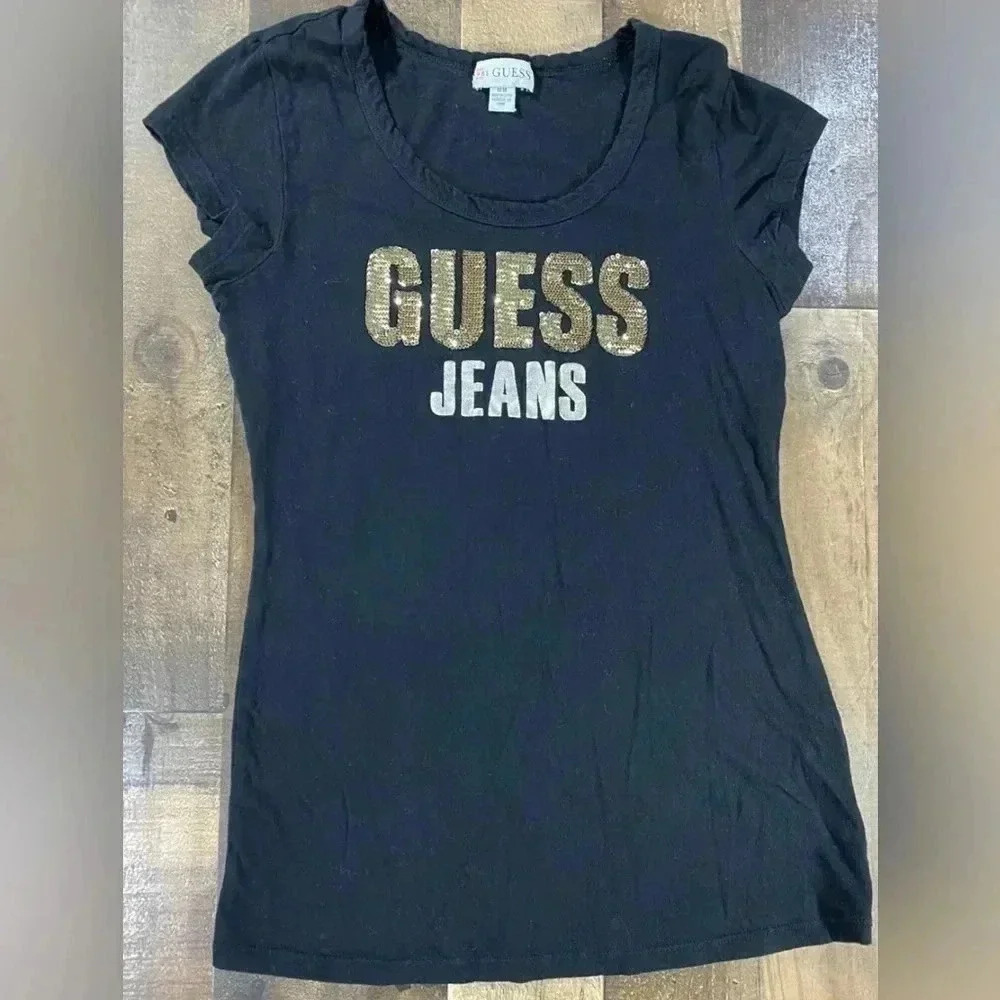 GUESS Jeans Women’s Jet Black T-Shirt with Gold Writing and Gold Sequins